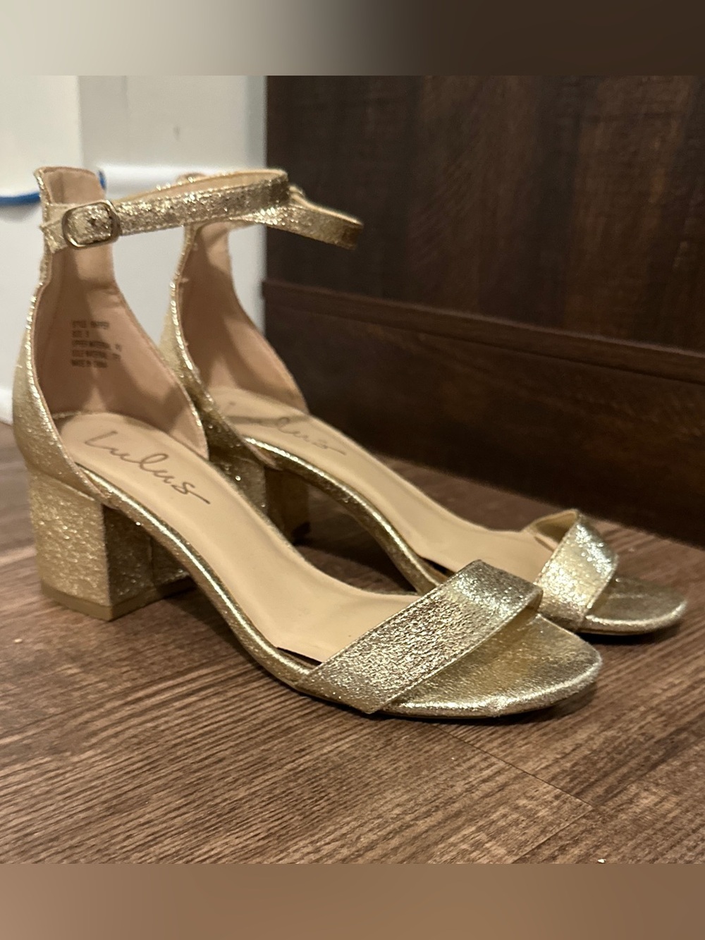 Lulus Harper Gold Metallic Ankle Strap Block Heel Sandals Size 8